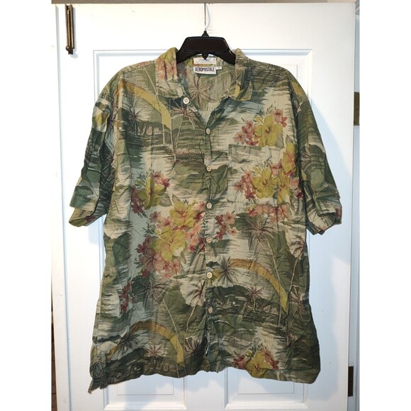 Aeropostale Hawaiian Shirt Mens XL Button Up Green Floral Short Sleeve - Picture 7 of 16
